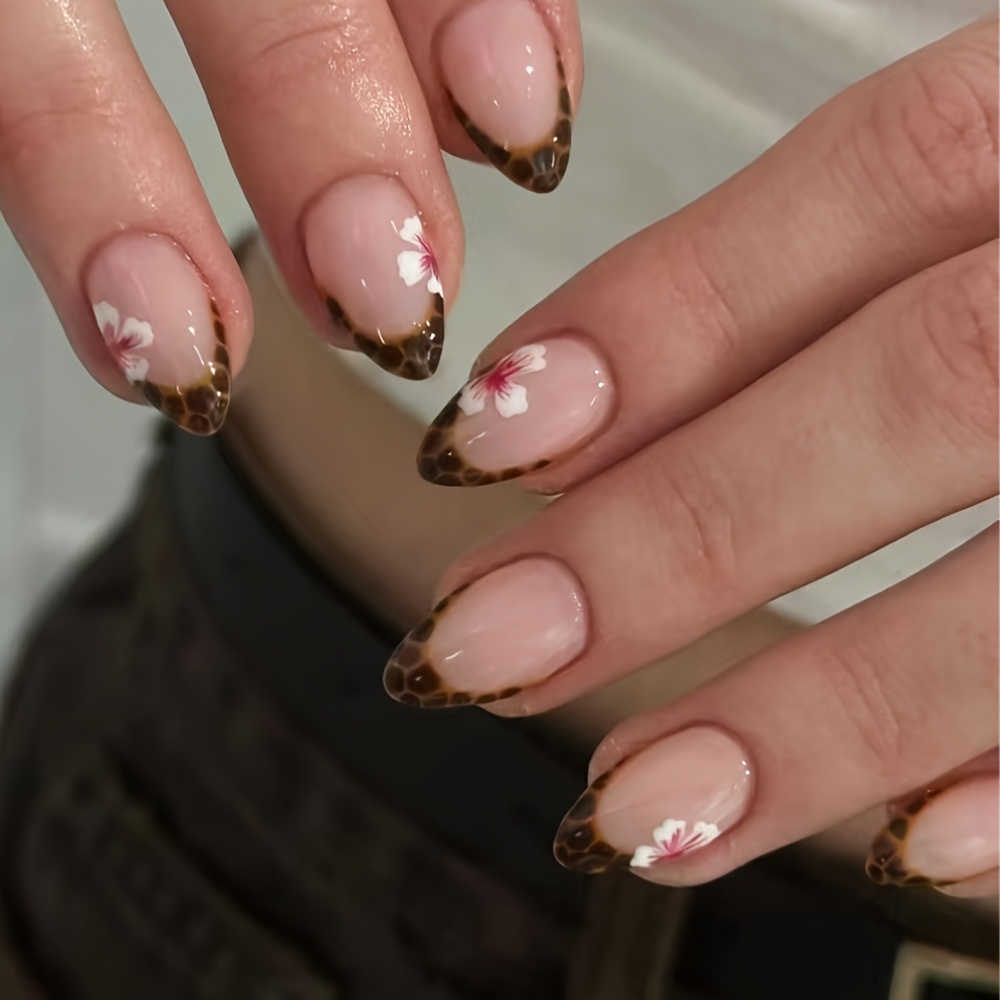 TEMU 30pcs Short Oval Press-on Fake Nails, Nude Pink Transparent Color With Dark Brown Tortoiseshell/leopard Print Smudged Tips, Rich Vintage Tones,