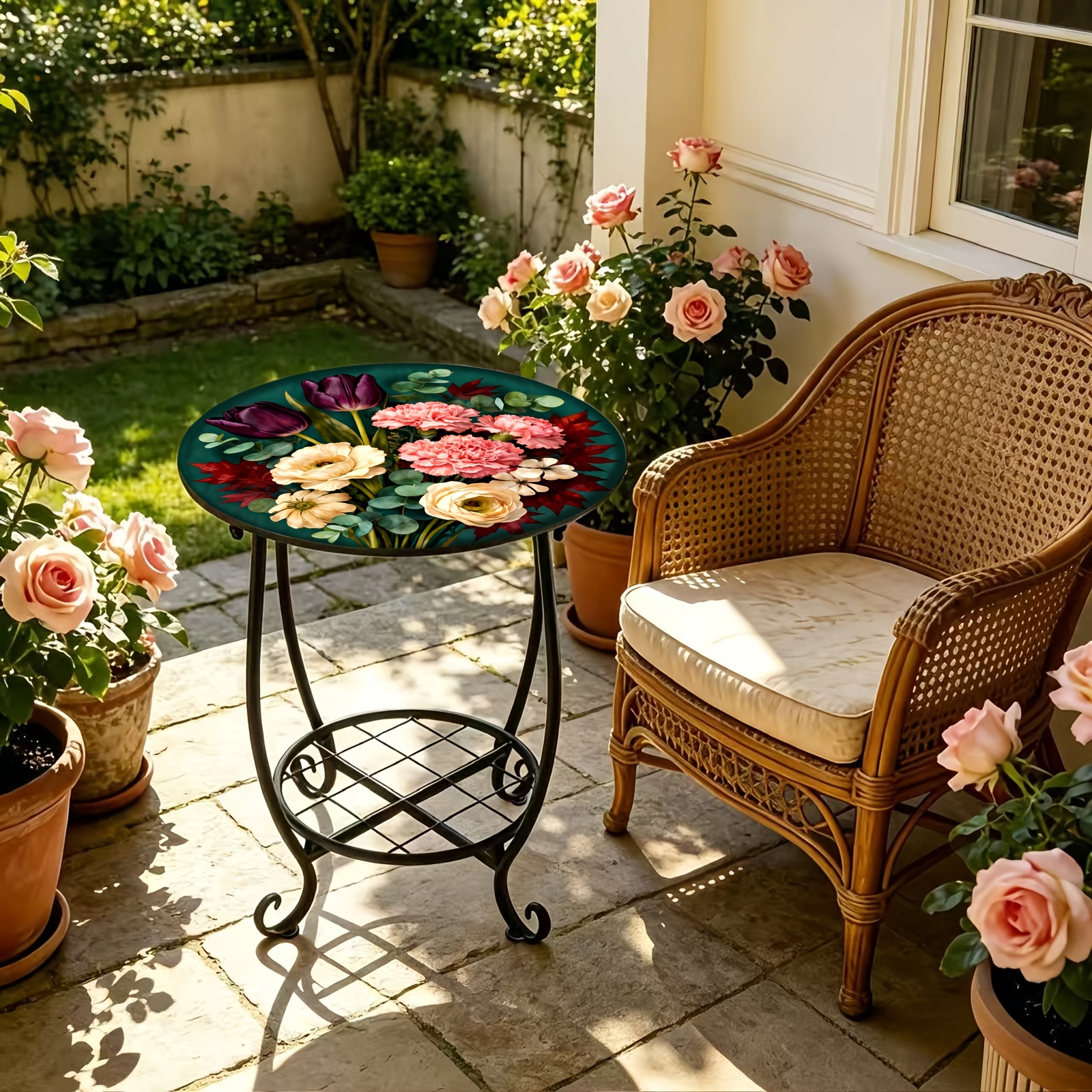 TEMU 1pc 2-tier Round Metal Garden End Table Rustproof Table Decorative Retro Floral Printed Top Flower Pot Holder Plant Stand Rack For Patio Porch