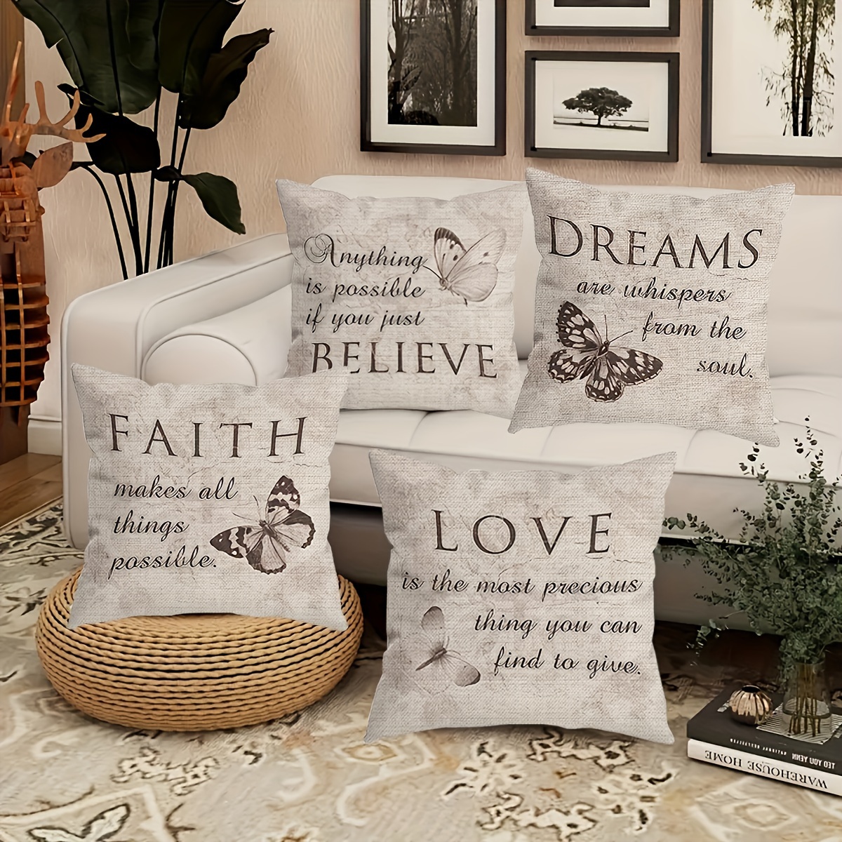 

4-piece Inspirational Quote Polyester Throw Pillow Covers - Vintage Linen Style With , Contemporary Woven Zippered Cushion Cases For Living Room Decor - Machine Washable - Dream, Love, , Faith Designs