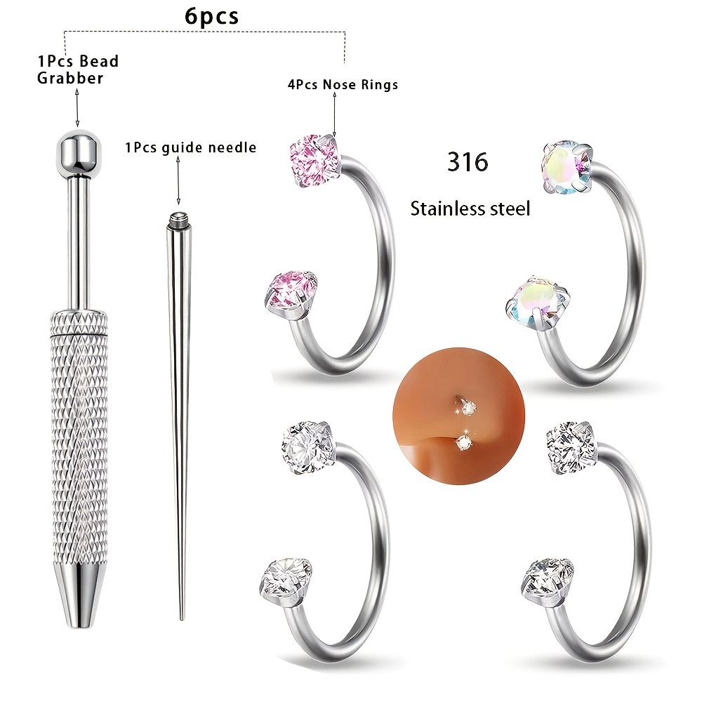 Image of 3-4pcs Nose Rings + 1pc Guide Needle + 1pc Bead Grabber Steel 20g 0.8mm 8mm Horseshoe Nose Hoop Rings Ear Stud Ring Hinged Tragus Cartilage Helix Piercing Jewelry With Unisex Body Jewelry Wedding Gift