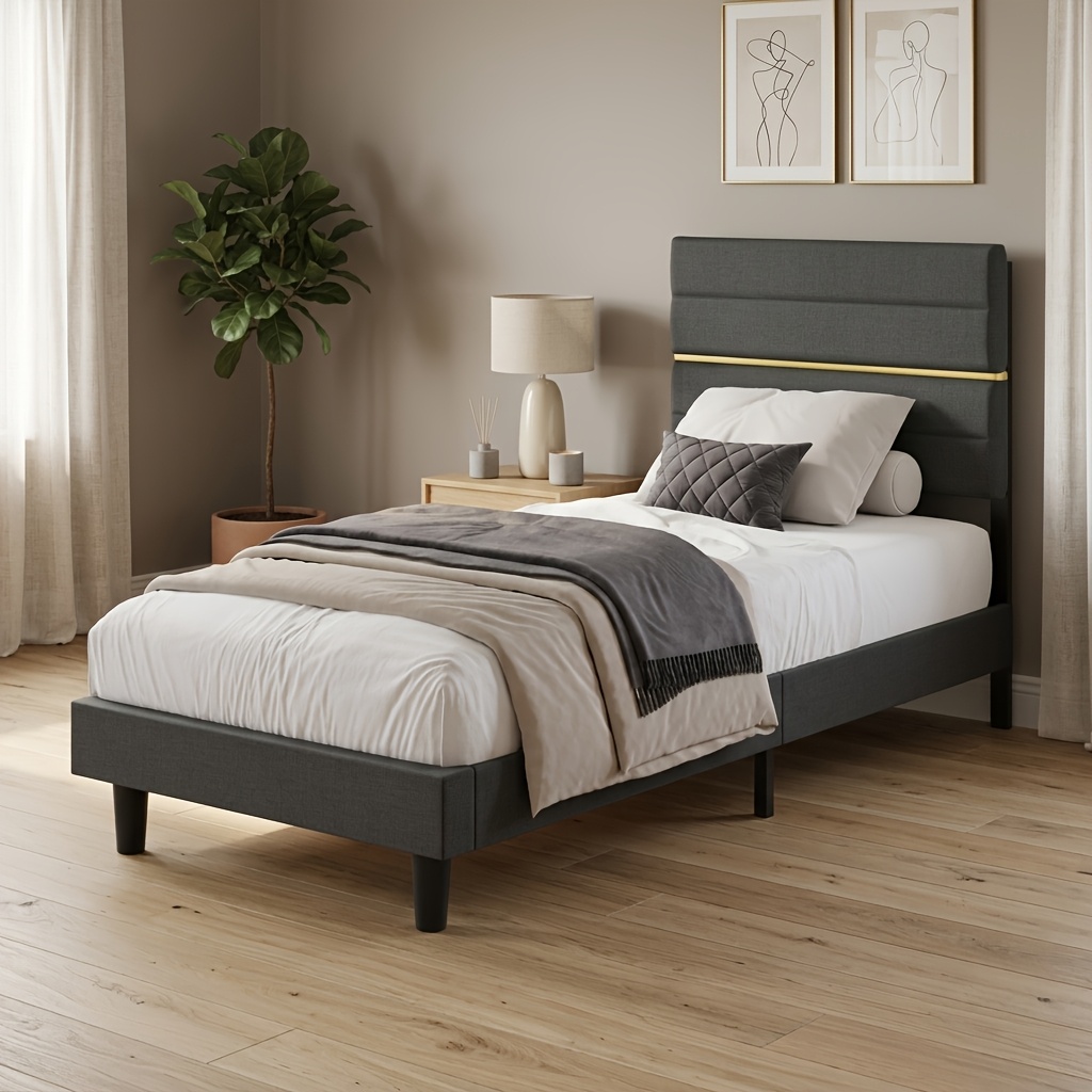 Upholstered Bed Frame With Adjustable Headboard And Slats, 140 X 200cm Platform Bed, Dark Grey Fabric Bed With Heavy Duty , Noise-reducing Design For Bedroom