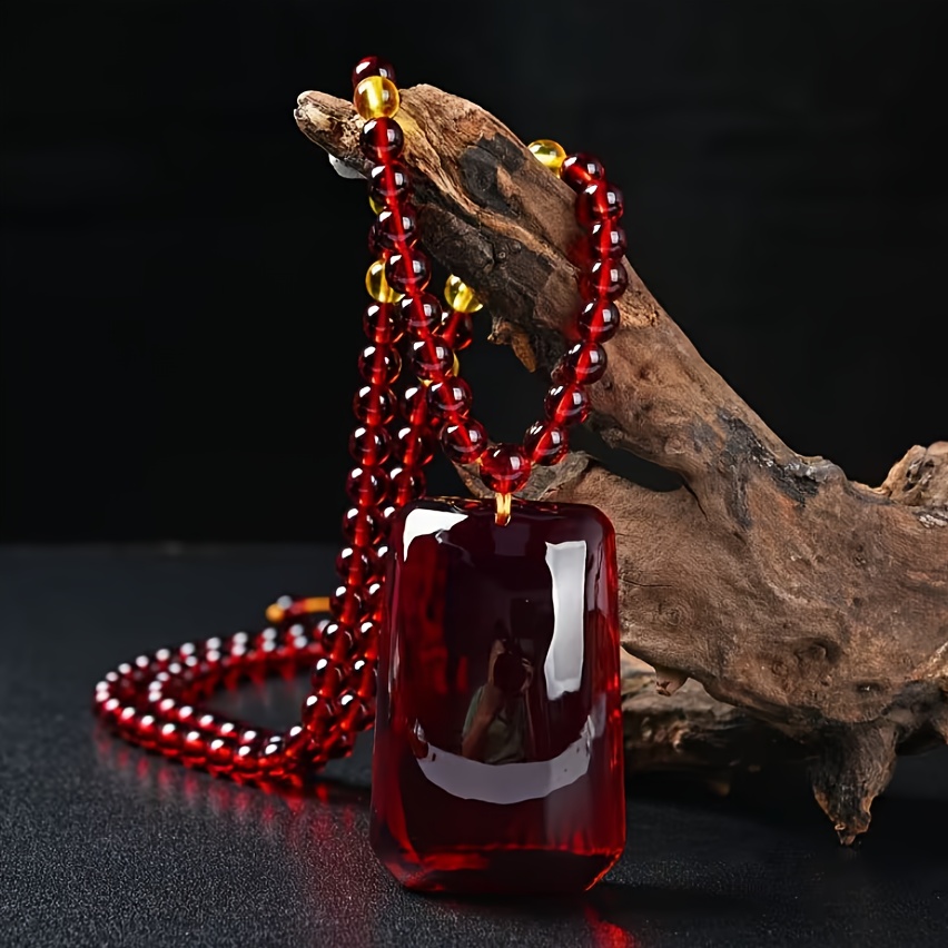TEMU [charmetry] 1 Fashionable Amber Pendant Necklace With , Acrylic Chain - Men's Versatile Everyday Wear