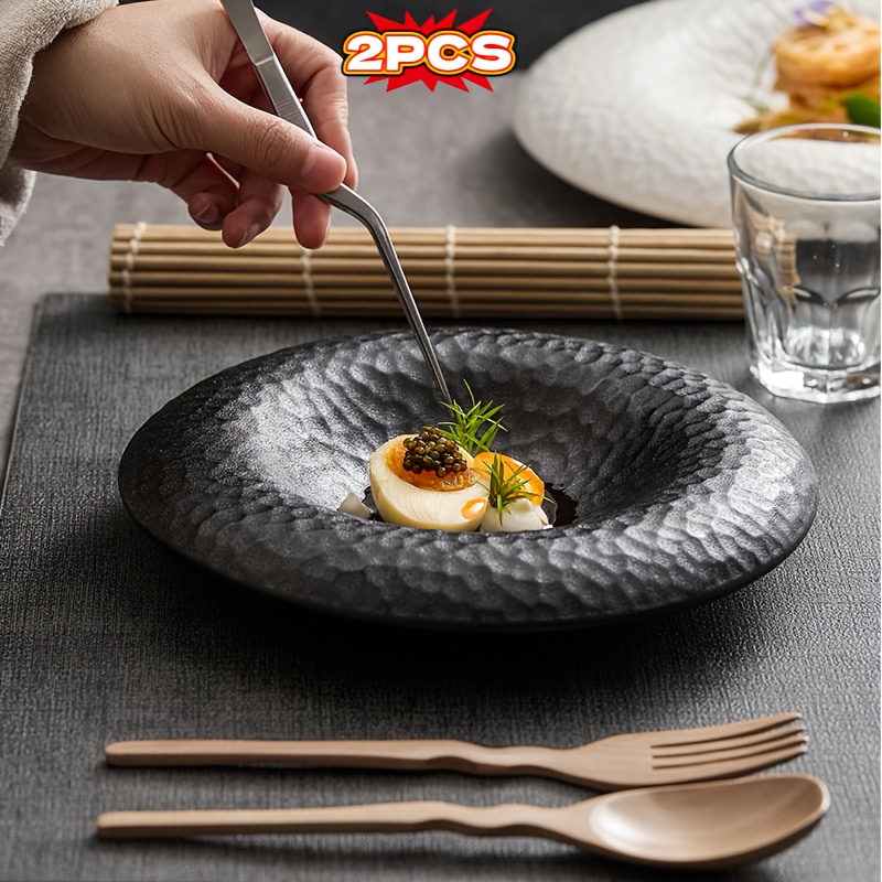 2 Elegant Black and White Ceramic Plates - Premium Tableware with Creative Hammered Design, Perfect for Western Cuisine Desserts Salads Home & Restaurants Artistic Straw Hat Style
