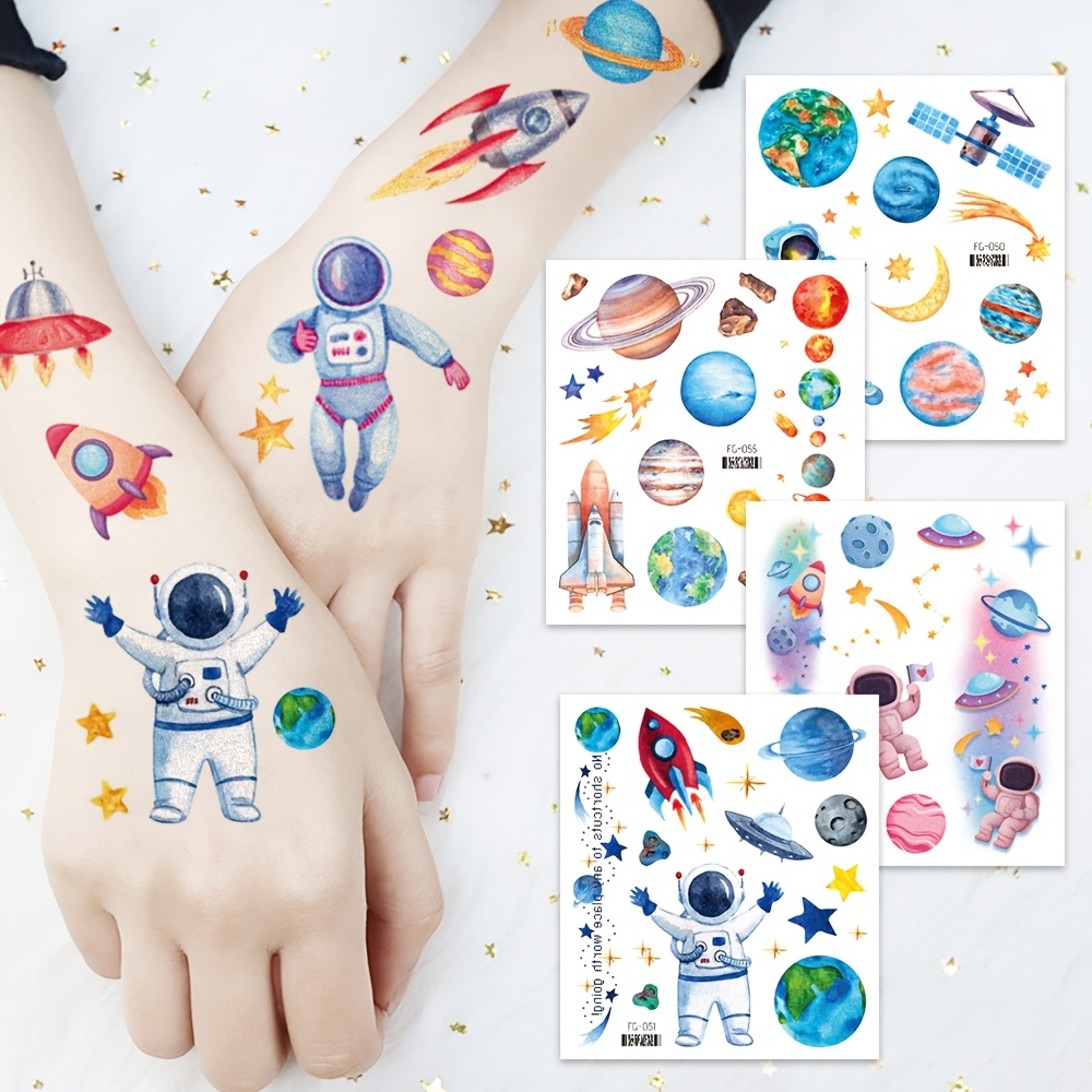 12 sheets glitter cartoon space astronaut star temporary tattoos colorful waterproof tattoo stickers body art     moon tattoo stickers party favors decor multi colored   tattoos for outer space birthday party decoration