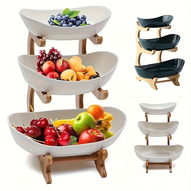 Three-Tier Fruit Basket with Wooden Stand - Kitchen Fruit and Vegetable Storage Rack, Refrigerator Ice Tray Replacement, Oval, Natural Wood Finish, Elegant Design for Modern Kitchen, Party, Shower Gift
