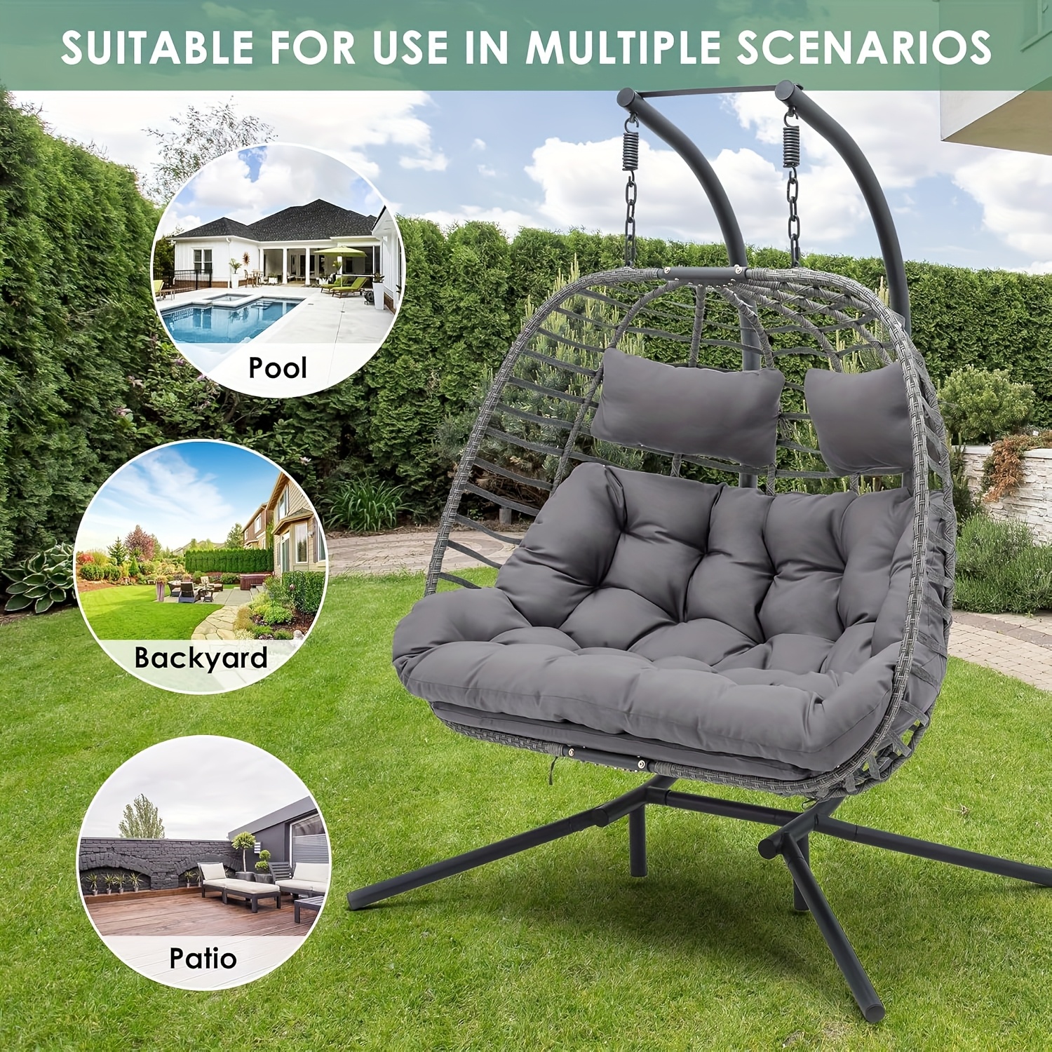 double egg swing chair with stand for outdoor, patio hand made rattan wicker 2 double hanging egg chairs hammock chair with uv resistant cushion and metal frame, porch swing loveseat for backyard details 2