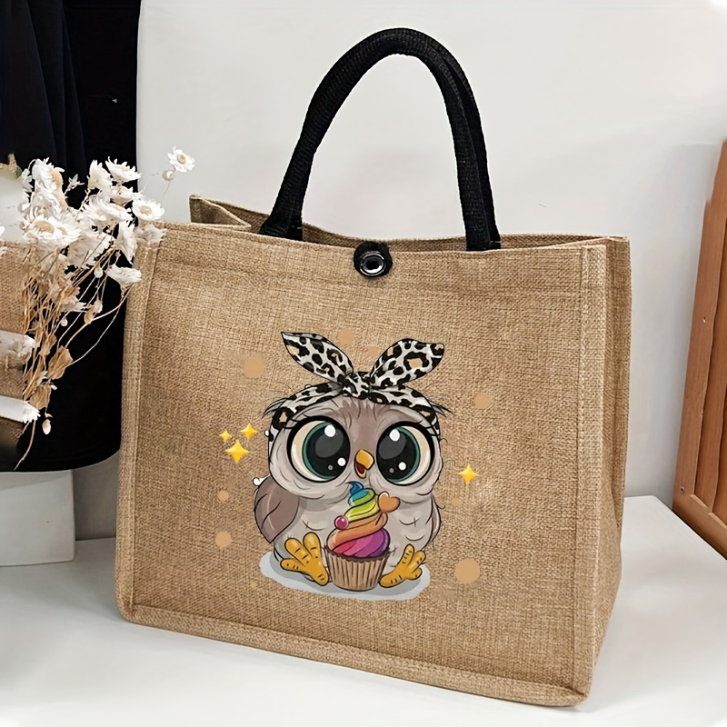 

Polyester Cute Owl Print Tote Bag – Large Capacity, Reusable Grocery Storage Bag With Buckle Closure, Durable Multi-functional Shopper Handbag For Beach, Vacation, Teacher, Back To School Gift