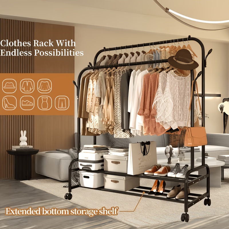 Durable Metal Hanger With Double Poles And Wheels, Equipped With Shelves And Hooks, A Multifunctional Wardrobe Solution Suitable For Independent Metal Hangers In Bedrooms, Laundry Rooms, And Living Rooms.