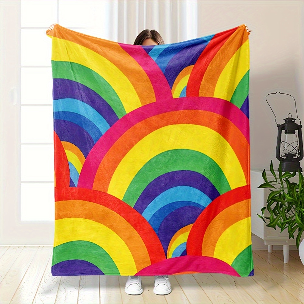 

Cozy Rainbow Striped Flannel Throw Blanket - Soft, Warm & Versatile For Couch, Bed, Office, And Travel