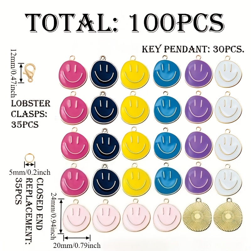 Image of 100pcs Colorful Face Keychain Additions, Additions Face 30pcs, Lobster Clasps 35pcs, Closed Rings 35pcs. Suitable For Handmade Keychains, Fashion Face Theme, Car Ornaments, Bag Charms
