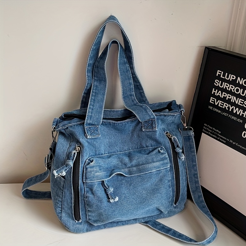 Image of Premium Denim Handbag Women's Large Capacity Tote Bag 2025 New Versatile Student School Commuter Bag Body Shoulder Handbag