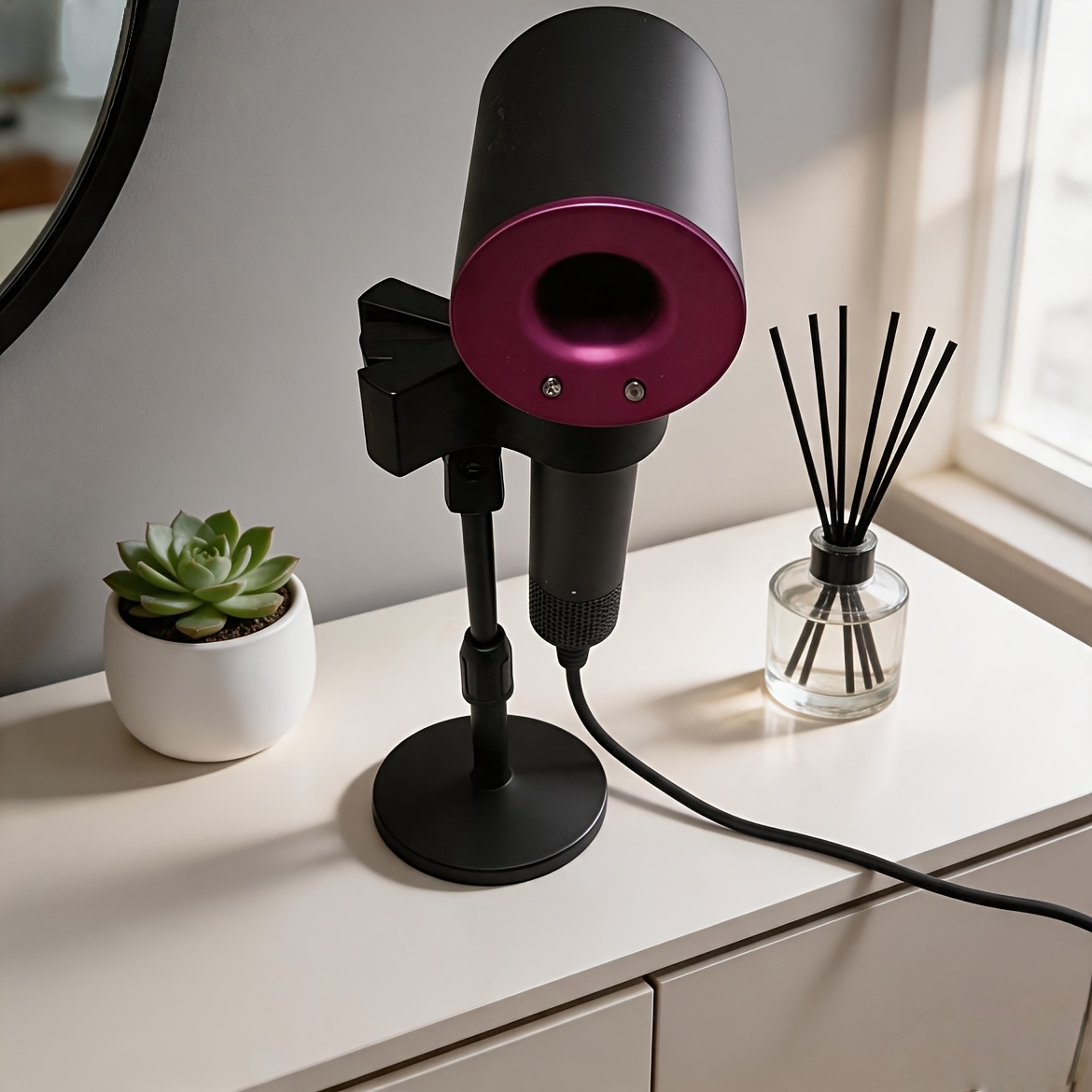 TEMU Blow Dryer Stand - 360° Rotating, Height Adjustable To 35cm, 12.5cm Round , 360g - Home Bathroom, Vanity Table, Pet Grooming - Sturdy & Durable,