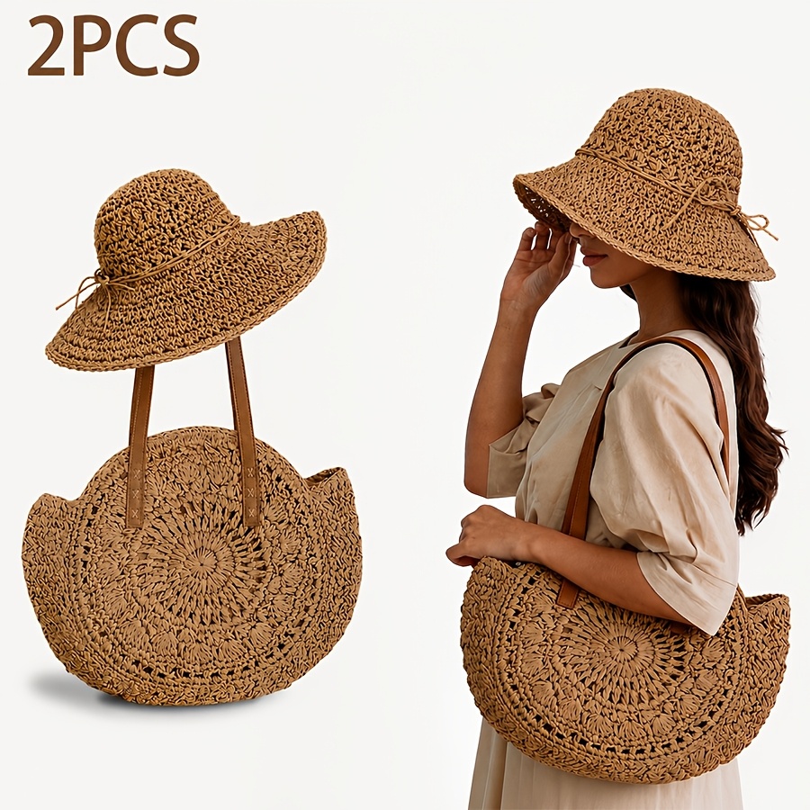Women's Beach Hat Bag Set, Large Brim Sun Hat With Large Capacity Woven Tote Bag, Fashionable Summer Beach Vacation Accessories Suitable For European Travel And Outdoor