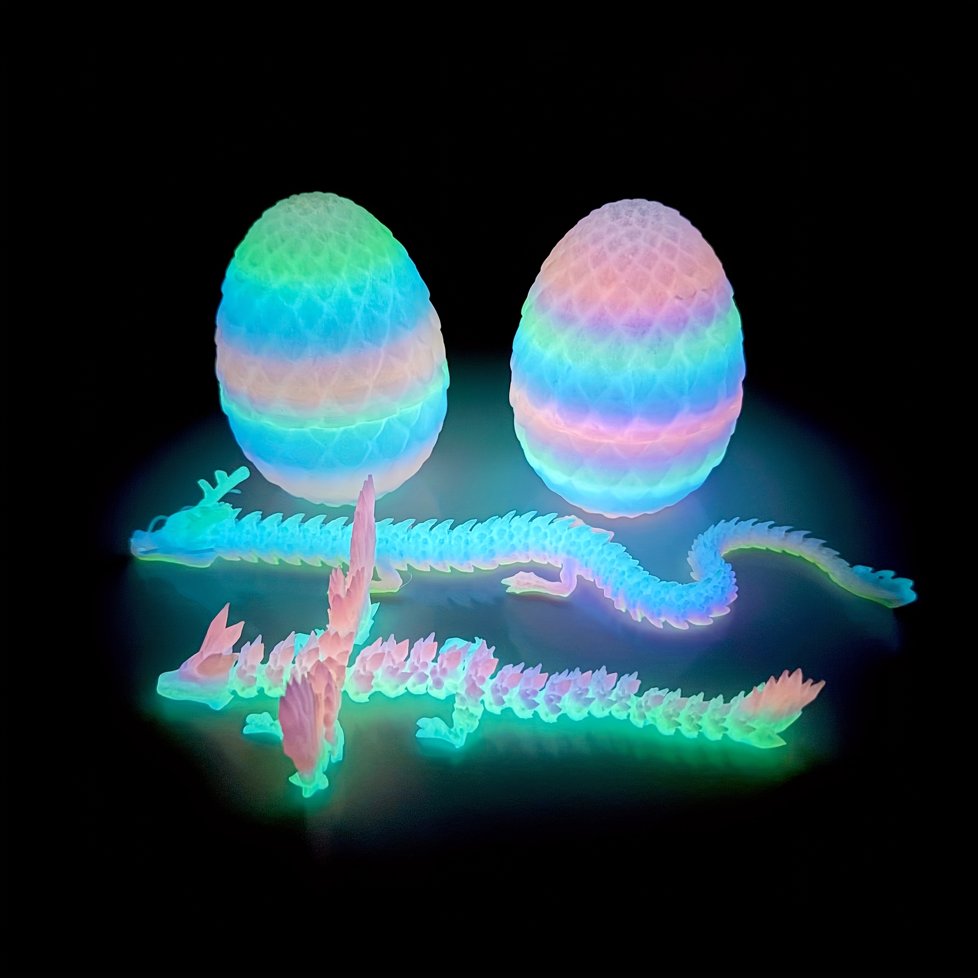 TEMU 4pcs 10.2-inch 3d Printed Luminous Dragon Egg, Egg Animal Doll, Home Car Decoration, Room Desktop, Office Desk Decoration, Flexible Joints, ,
