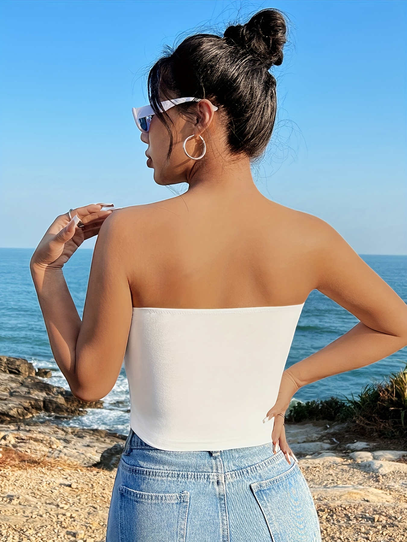 Women's Summer Casual Strapless Solid Color Crop Top