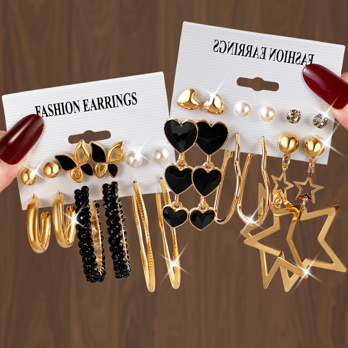 TEMU 24pcs Elegant And Gorgeous Bohemian Style Black Drip Oil Peach Heart Rhinestone Stud Earrings With Hollow Five-pointed Star And Heart Hoop
