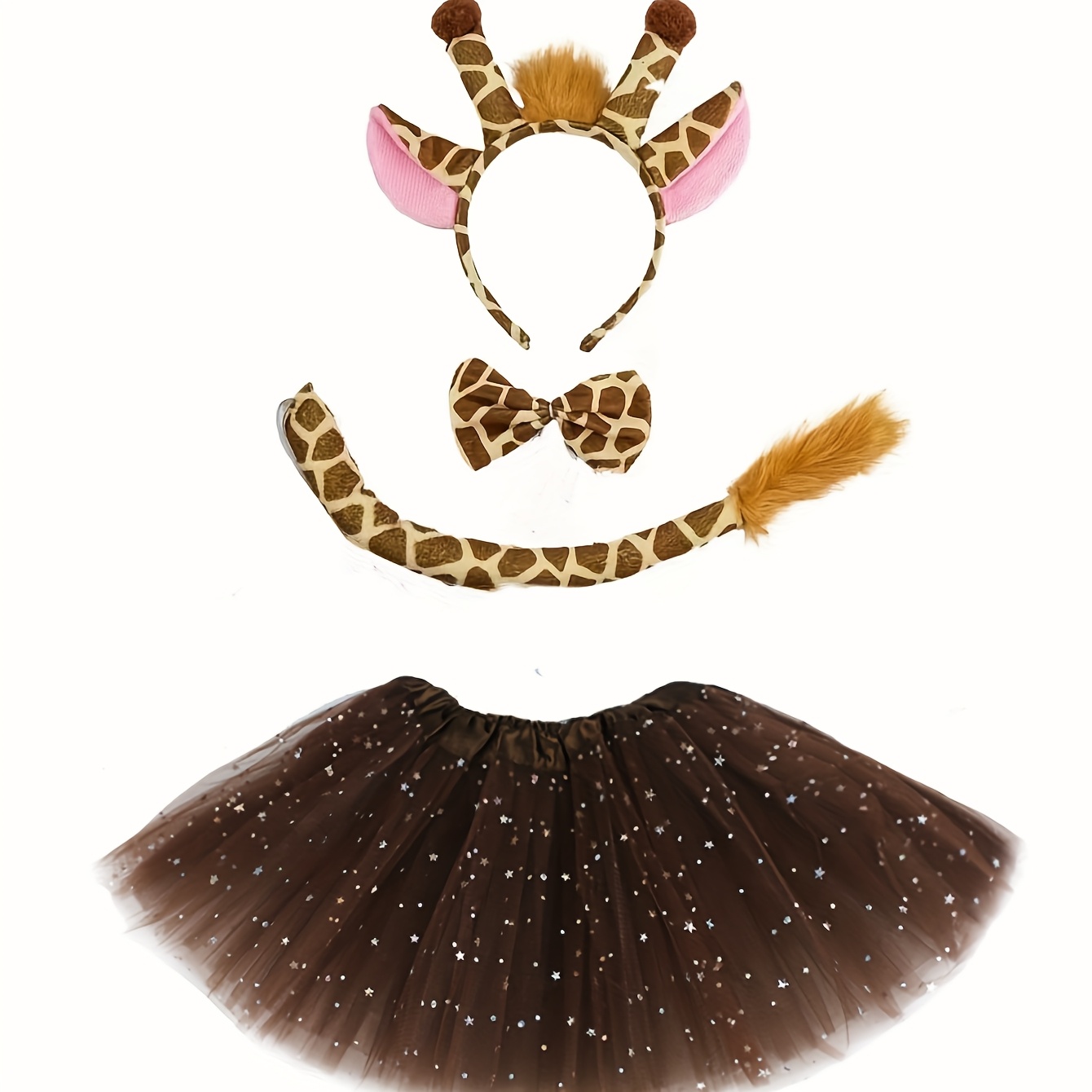 Image of 3pcs/4pcs Giraffe Set Halloween Christmas Carnival Birthday Party Costume Supplies Set (headband, Tail, Bow Tie, Short Skirt)