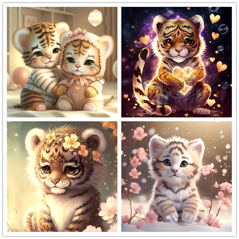 

4pcs 5d Diy Diamond Art Painting Cartoon Animal Tiger Cat Diamond Art Mosaic Decoration Painting