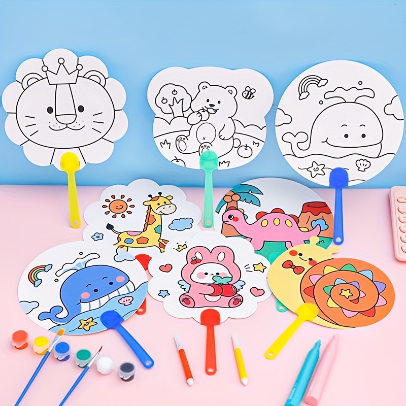 

creative Fun" 8-pack Diy Cartoon Fan Craft Kit - Blank Plastic Round Fans For Kids' Painting & Coloring, Perfect For Children's Day, Birthday Gifts & Party Favors