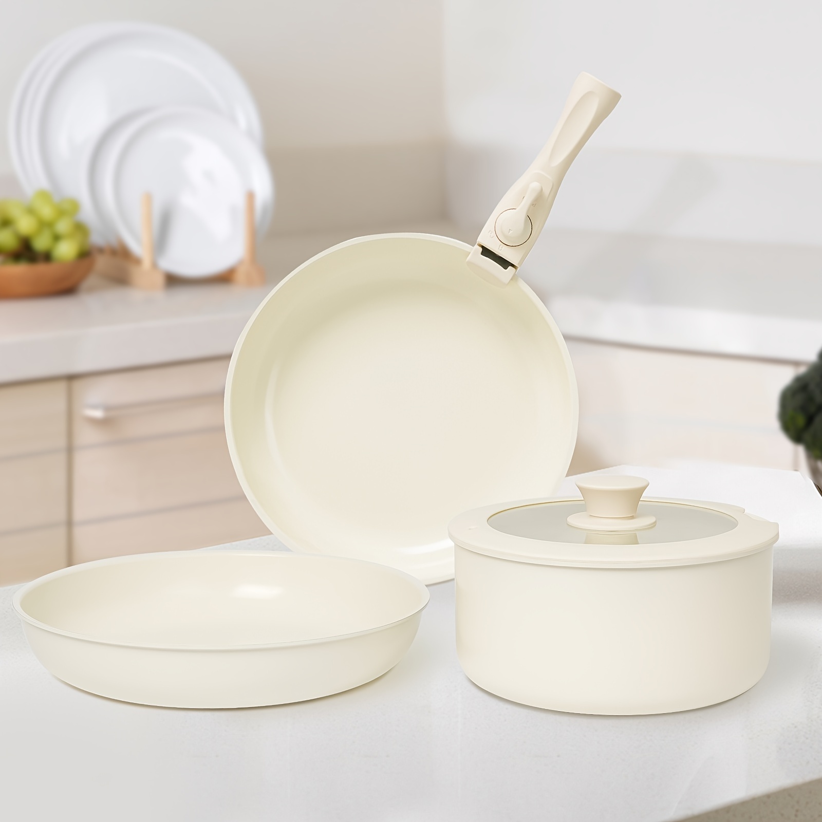 

5 Pcs Pots And Pans Set, Nonstick Kitchen Cookware Set With Detachable Handle, Induction Cookware, Dishwasher Oven Safe, Beige