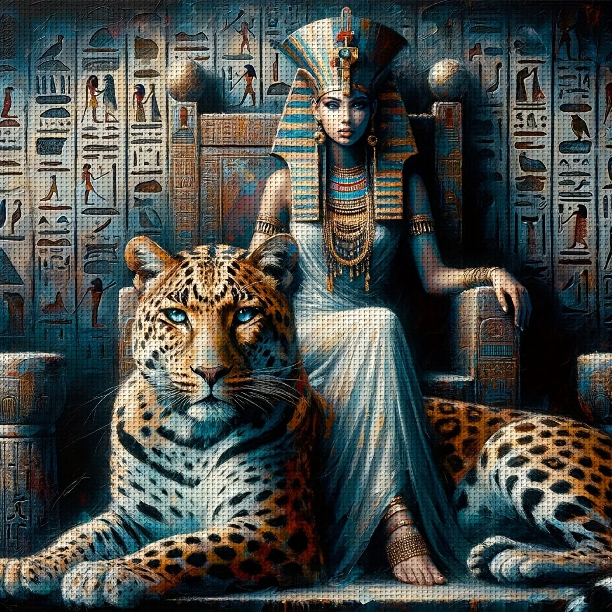 TEMU Kit de broderie au point de croix Reine égyptienne ancienne portant un coiffe de pharaon assise sur fond léopard