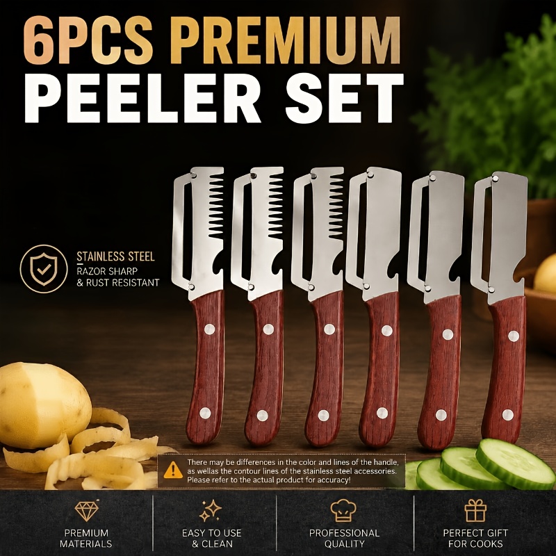 TEMU Premium Heavy-duty Steel Multi-functional Peeling Knife 6pcs Set: 3 Serrated Julienne + 3 Straight Blade Peeling Knives | Ergonomic Wood-grain