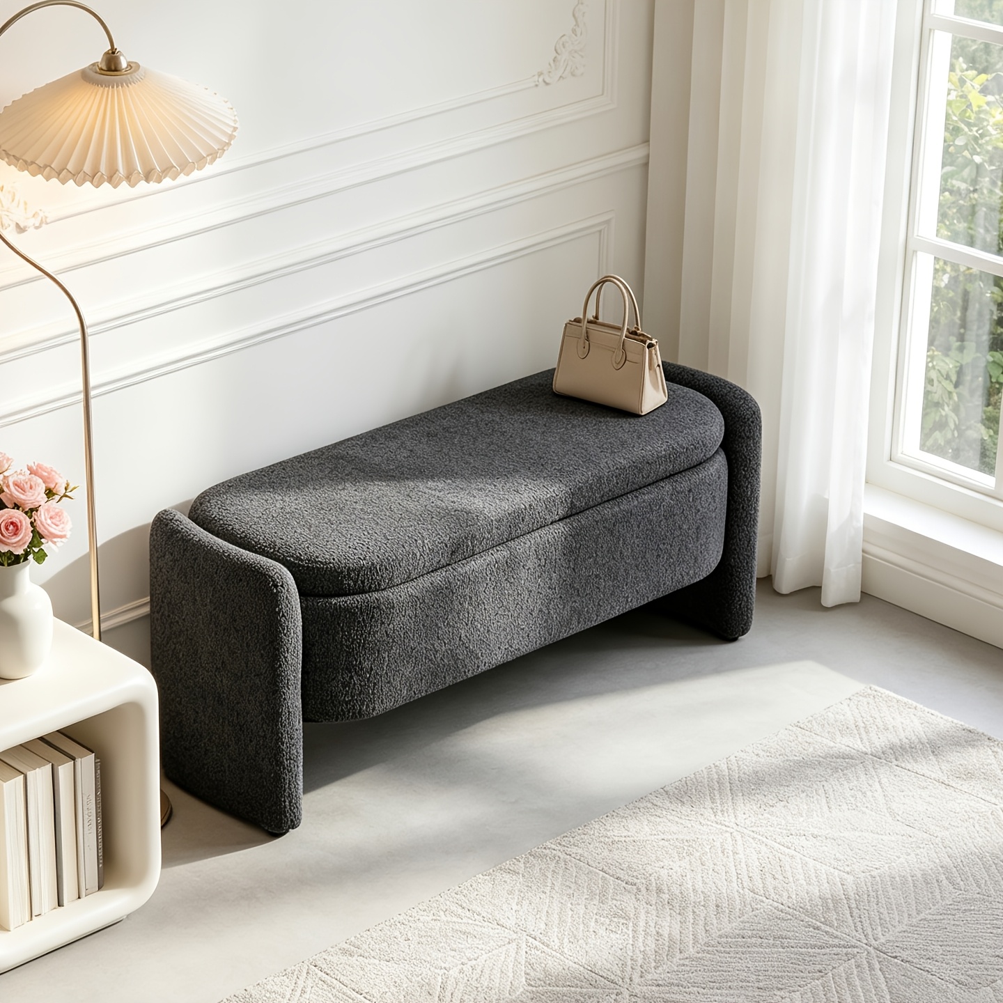 Oval Storage Bench 3d Lamb Fleece Fabric For Dining Room, Entrance, And Bedroom With Large Capacity