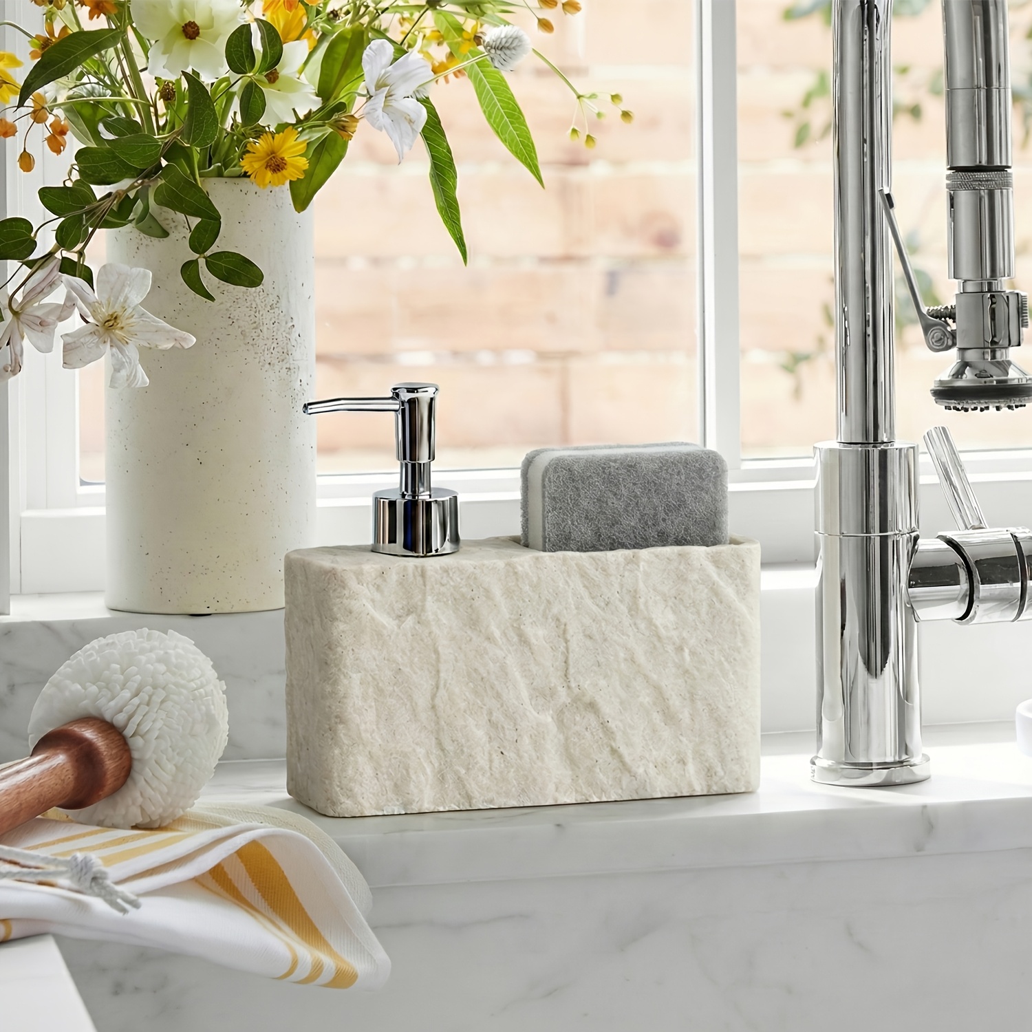 Image of Kitchen Soap Dispenser With Sponge Holder, 2-in-1 Resin Stone Texture Dish Soap Pump And Caddy Organizer For Kitchen Sink Countertop