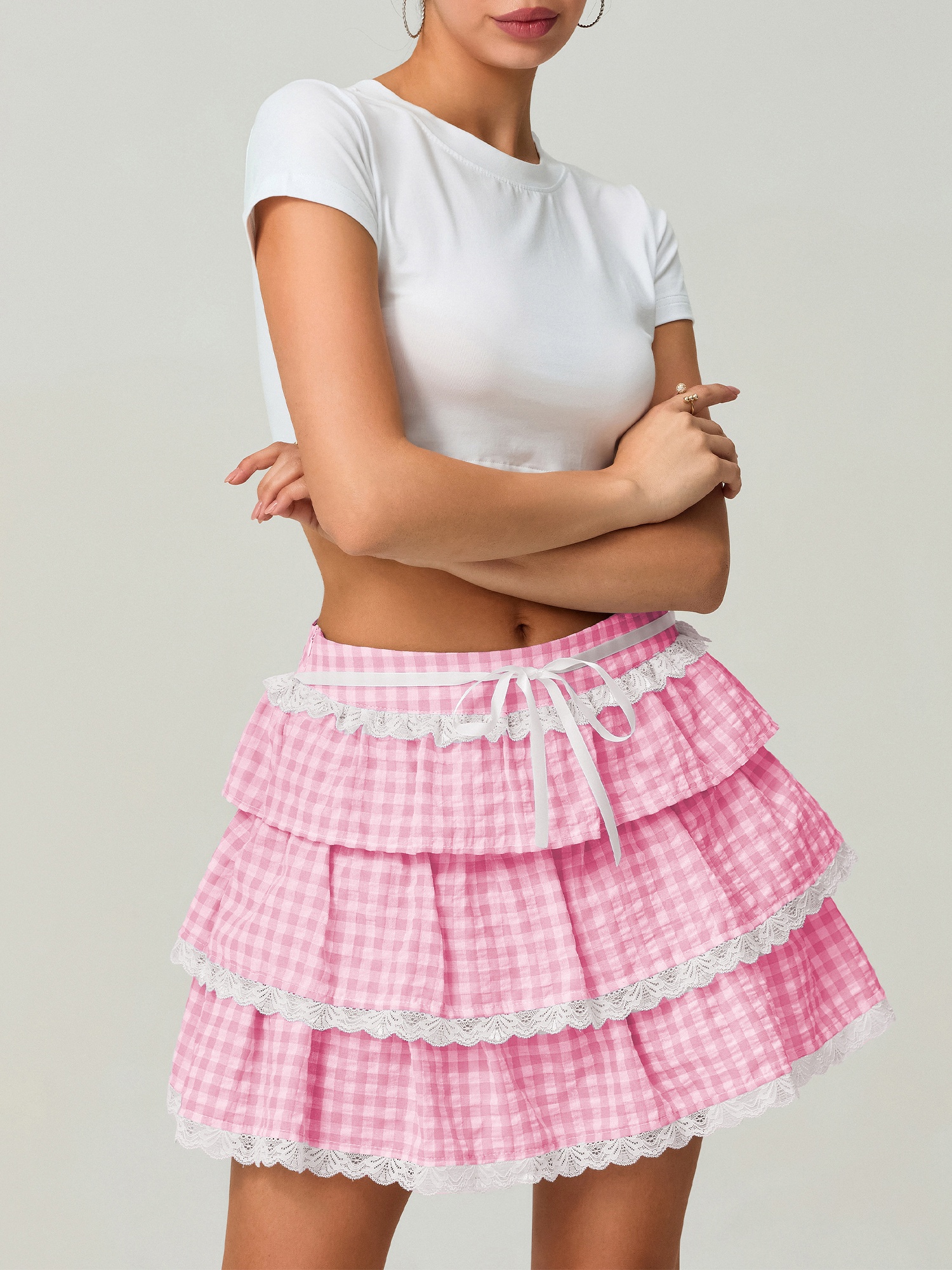 womens pink white gingham check mini skirt lace trim tie Temu