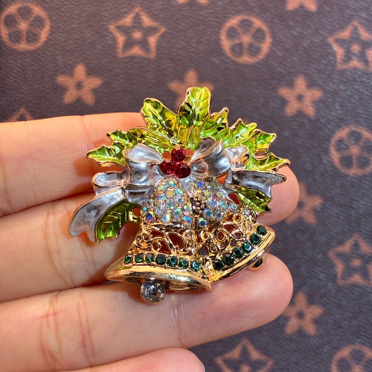 Sparkly Green Christmas Bell Brooch, Retro Pin