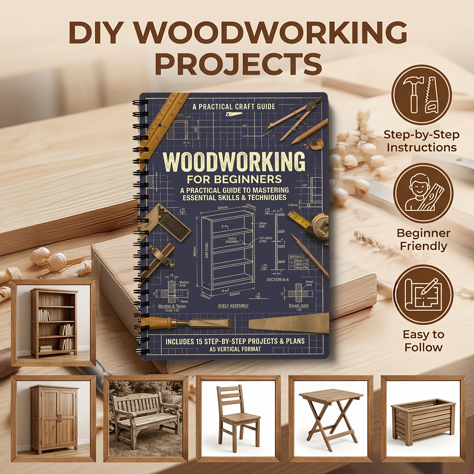 TEMU A Woodworking For Beginners, Providing Detailed Guides, Illustrations And Templates, With Values, Which Functional And Beautiful Wooden Objects
