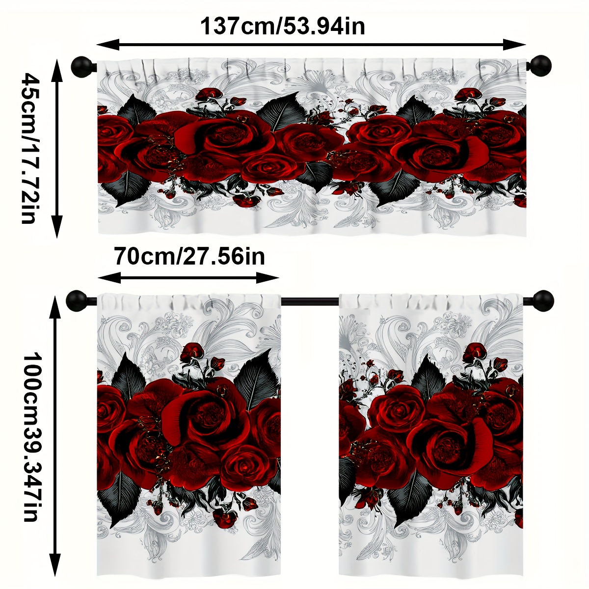 TEMU 3pcs Red Rose Floral Kitchen Curtain Set - Elegant Design For Decor