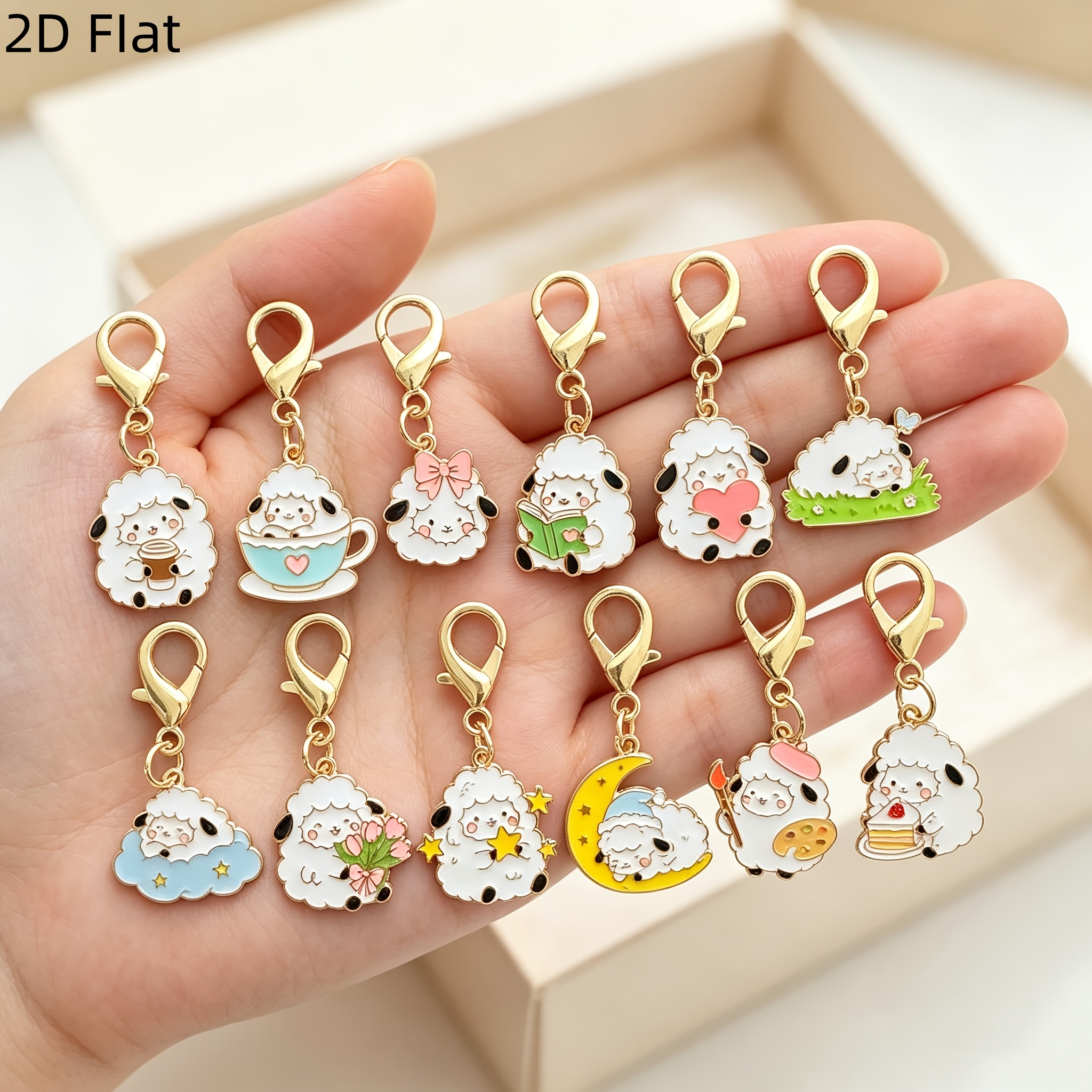 TEMU 2d Flat - 12pcs Cartoon 2d Flat Multi-style Sheep Animal Charms Metal Oil Craft With Lobster Clasp Handmade Decorative Additions Bag Key Pendant
