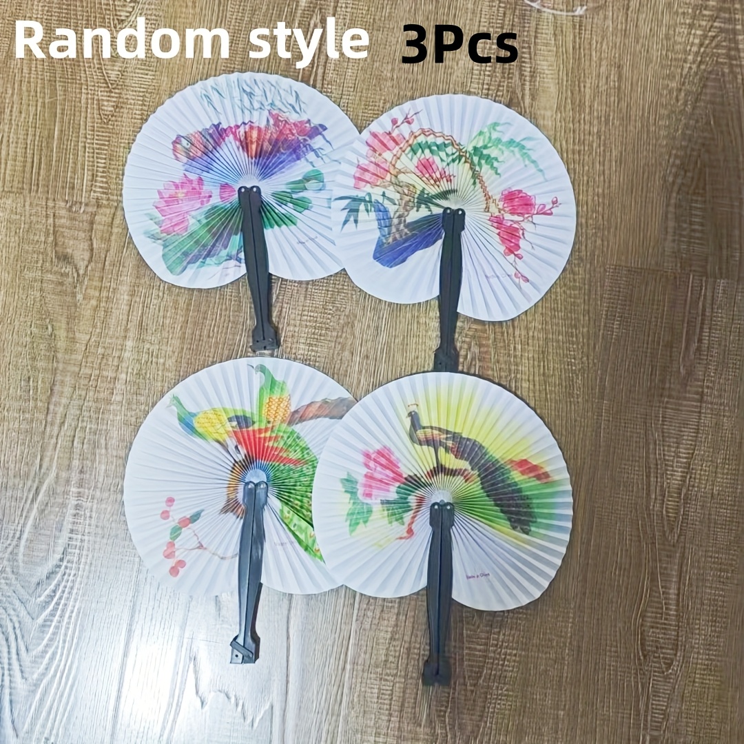 Image of 3pcs Random Style And Bird Illustrations Mini Folding Fans - Durable Plastic Paper, Chinese Handheld Fans With Black Tassels, Suitable For Travel And Decoration