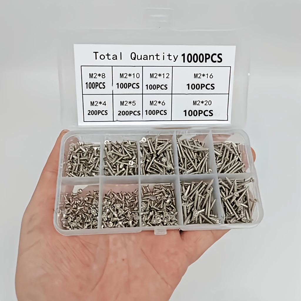 TEMU M2 Self-tapping Screws 1000pcs Cross-head Self-tapping Woodworking Fastening Screws, Self-drilling Screw Combination Kit, 4/5/6/8/10/12/16/20 Mm