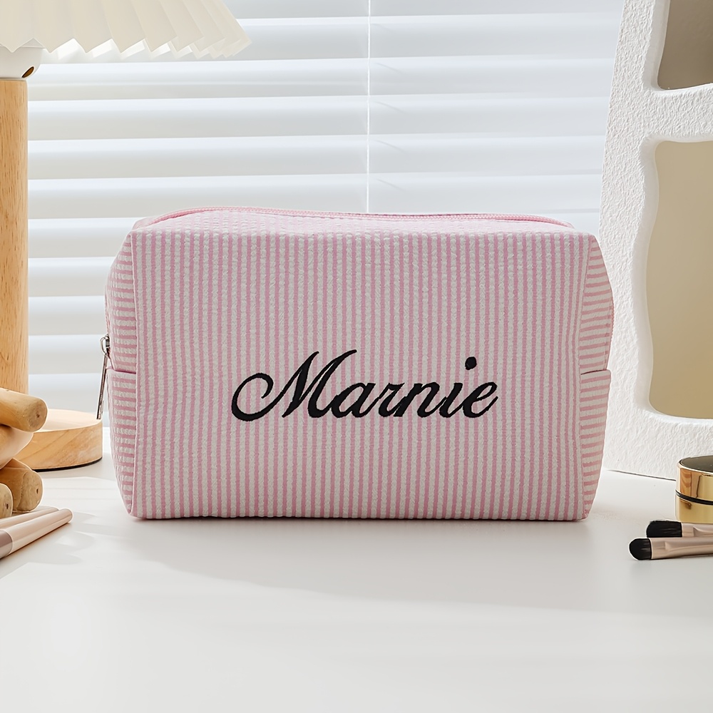 TEMU [custom Embroidery] Customizable Name Puff Gauze Makeup Bag, Durable Zipper Closure With Letter Embroidery Bridesmaid Clutch, Large Capacity