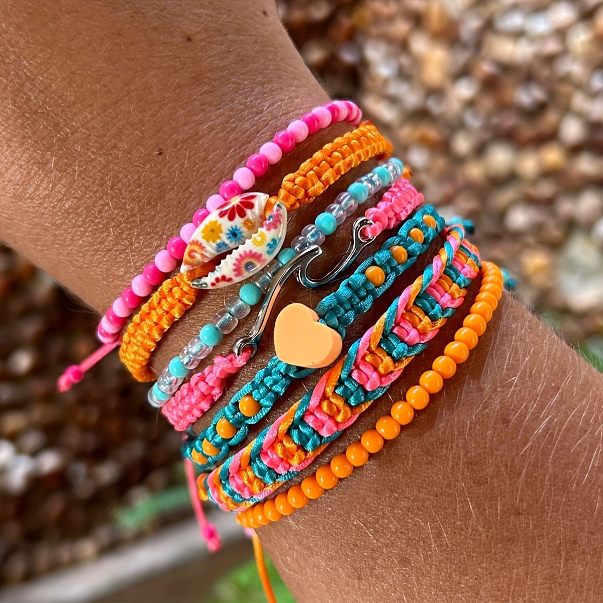 Image of 7pcs Of Bohemian-style Women's Braided Bracelets, Handcrafted For Summer, Perfect For Wearing On A Vacation