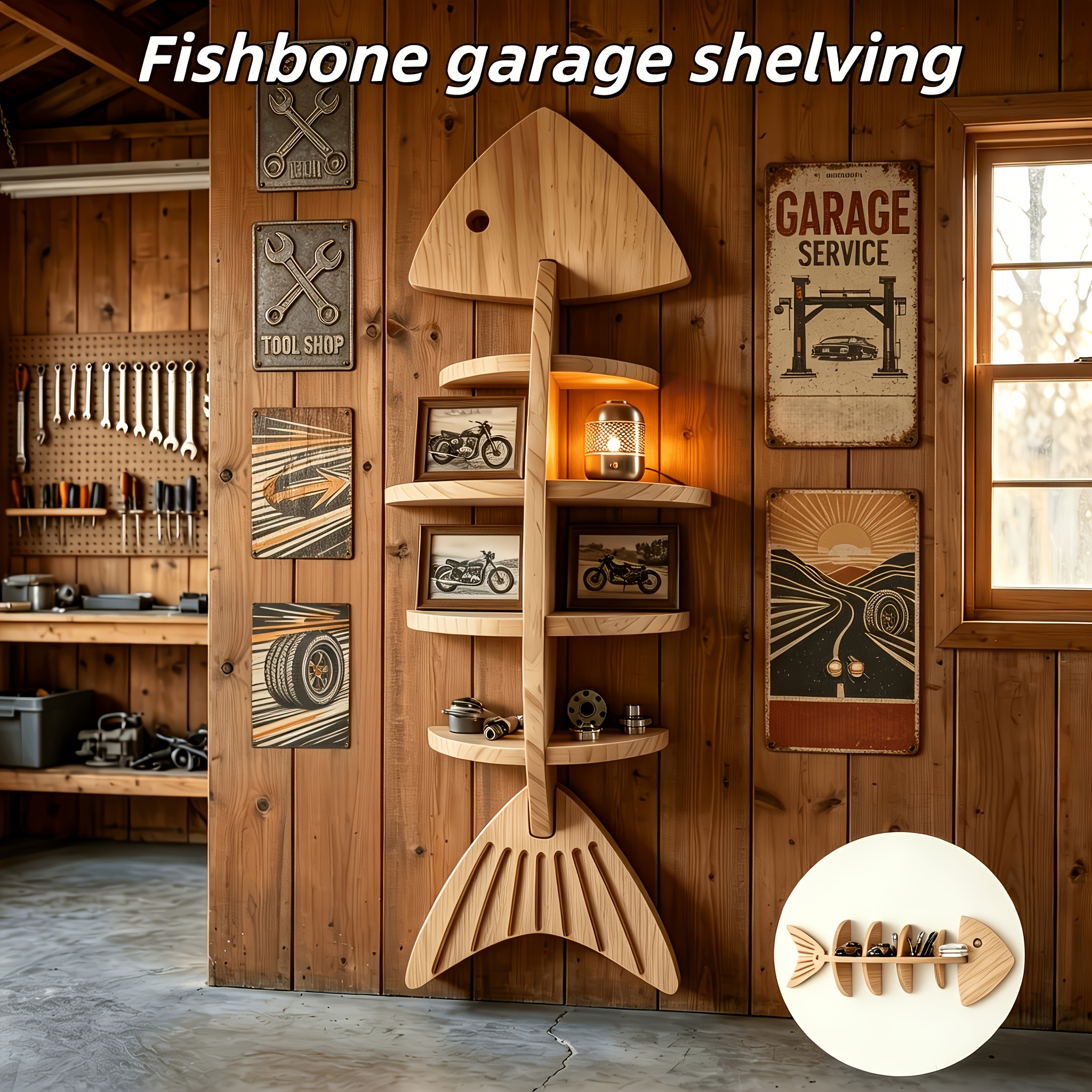 TEMU 1pc Creative Wooden Fishbone Wall Garage Shelving, Garage Display Racks, Multilayer Stylish For Home Decor Rack, Bathroom Storage Shelf