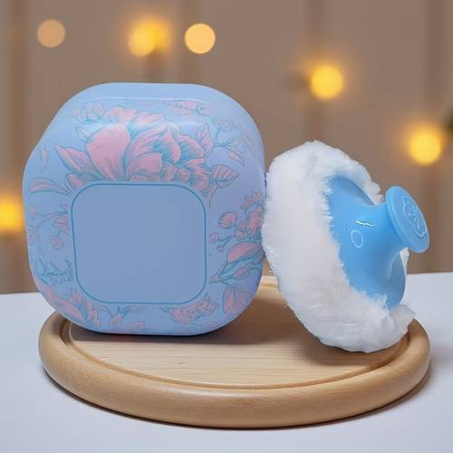 a large powder puff designed for body powder with a loose powder compact and is suitable for bathing and travel this fluffy plush puff and powder case are an for for applying pattern