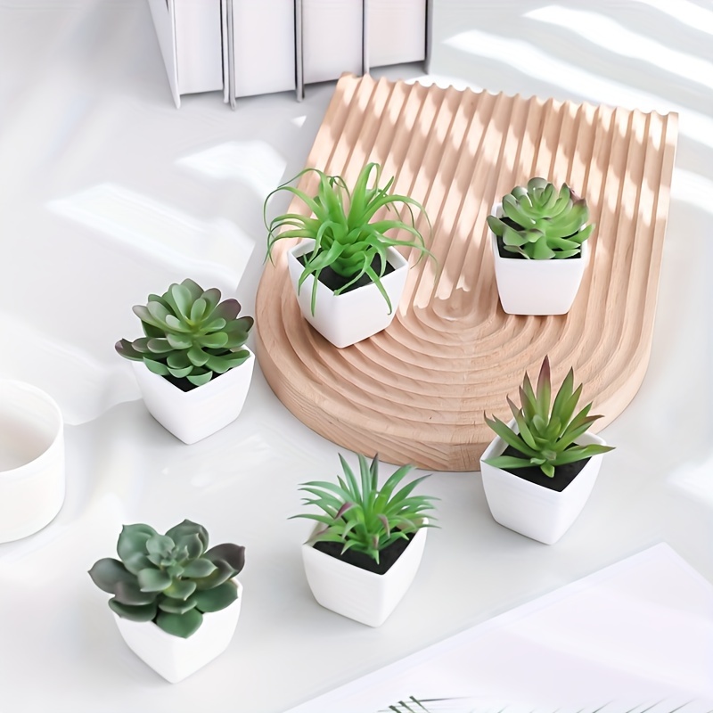 

6pcs, Artificial Succulent Plants - Mini Potted Plants For Indoor Decoration - Small Green Plants With White Pots