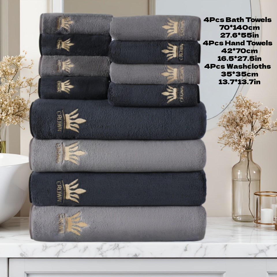 12pcs New Crown High-End Embroidered Coral Fleece Bath Towel Set, 4 Bath Towels 140*70cm, 4 Towels 70*42cm, 4 Square Towels 35*35cm