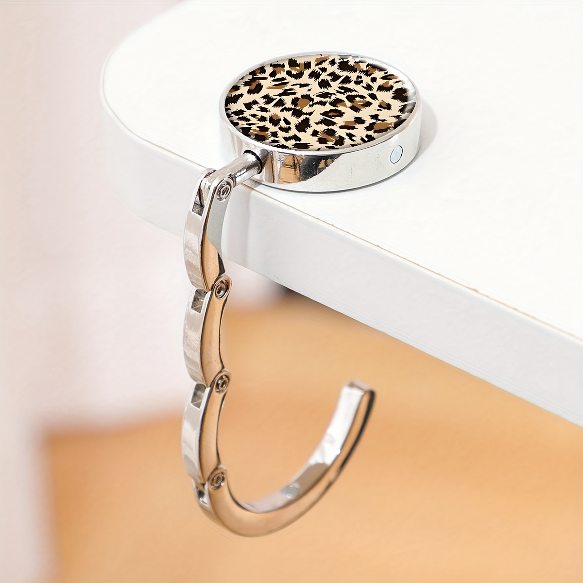 TEMU 2d Flat - 2d, 1pc Leopard Print Black And Geometric Alloy Wallet Hook, Folding Tote Holder, Portable Desktop Stand, Suitable For Home And Retail