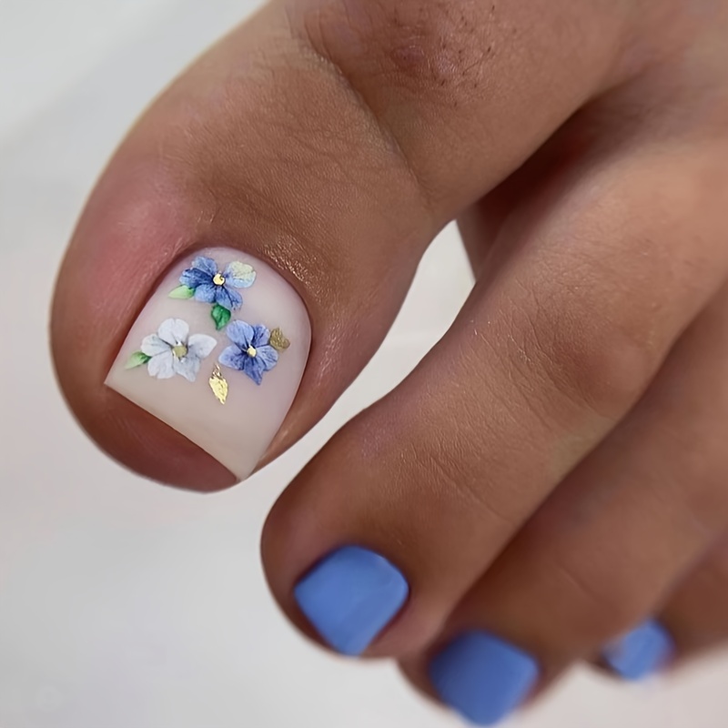 

Summer Press On Toenails Blue Solid Color Matter Fake Nails Morandi Blue Flower With Design Short Square False Toenails