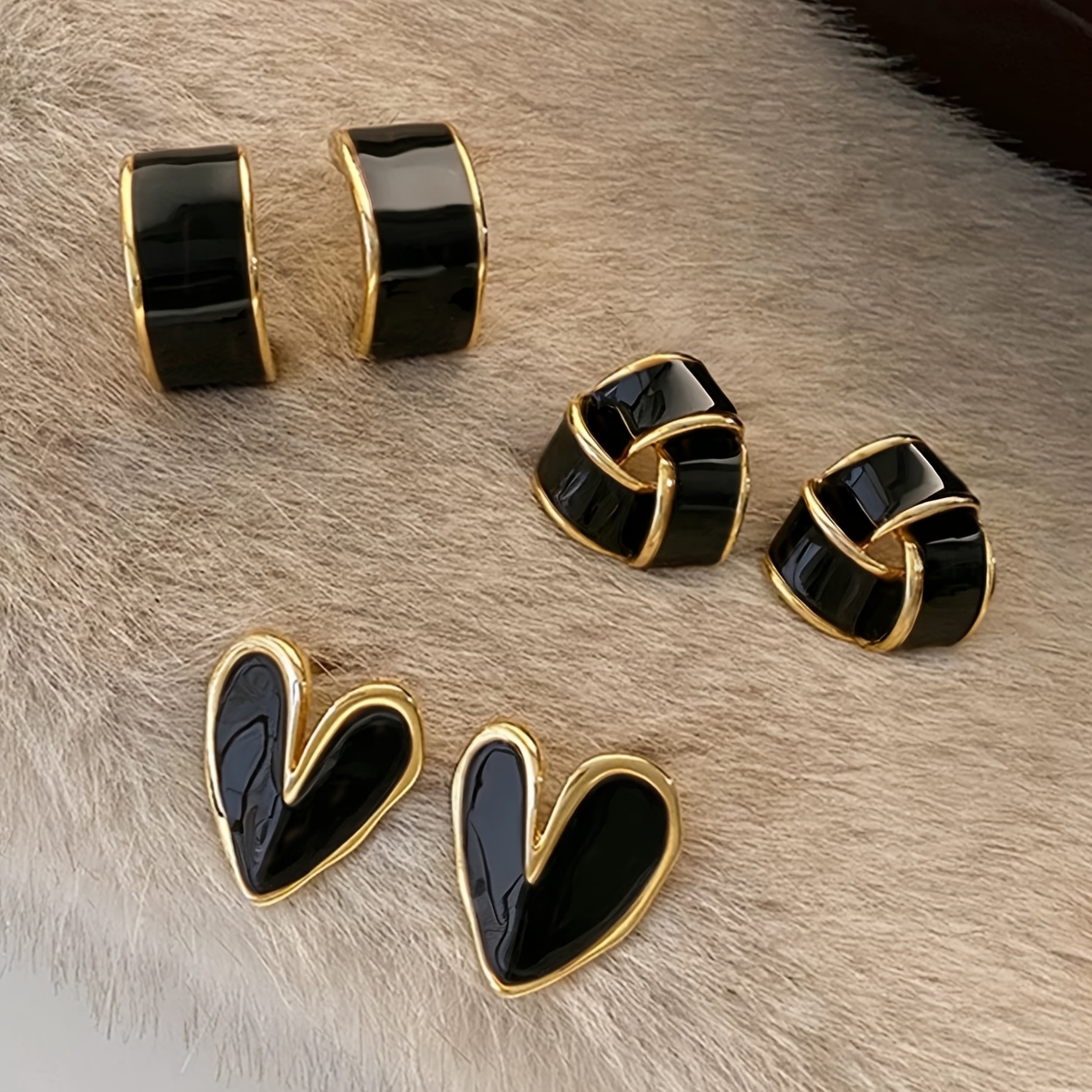 TEMU 3 Pairs Of Retro Elegant Temperament Gentle High-end Geometric Heart Black Glaze Earrings Set Suitable For Ladies' Daily Commute, Festival