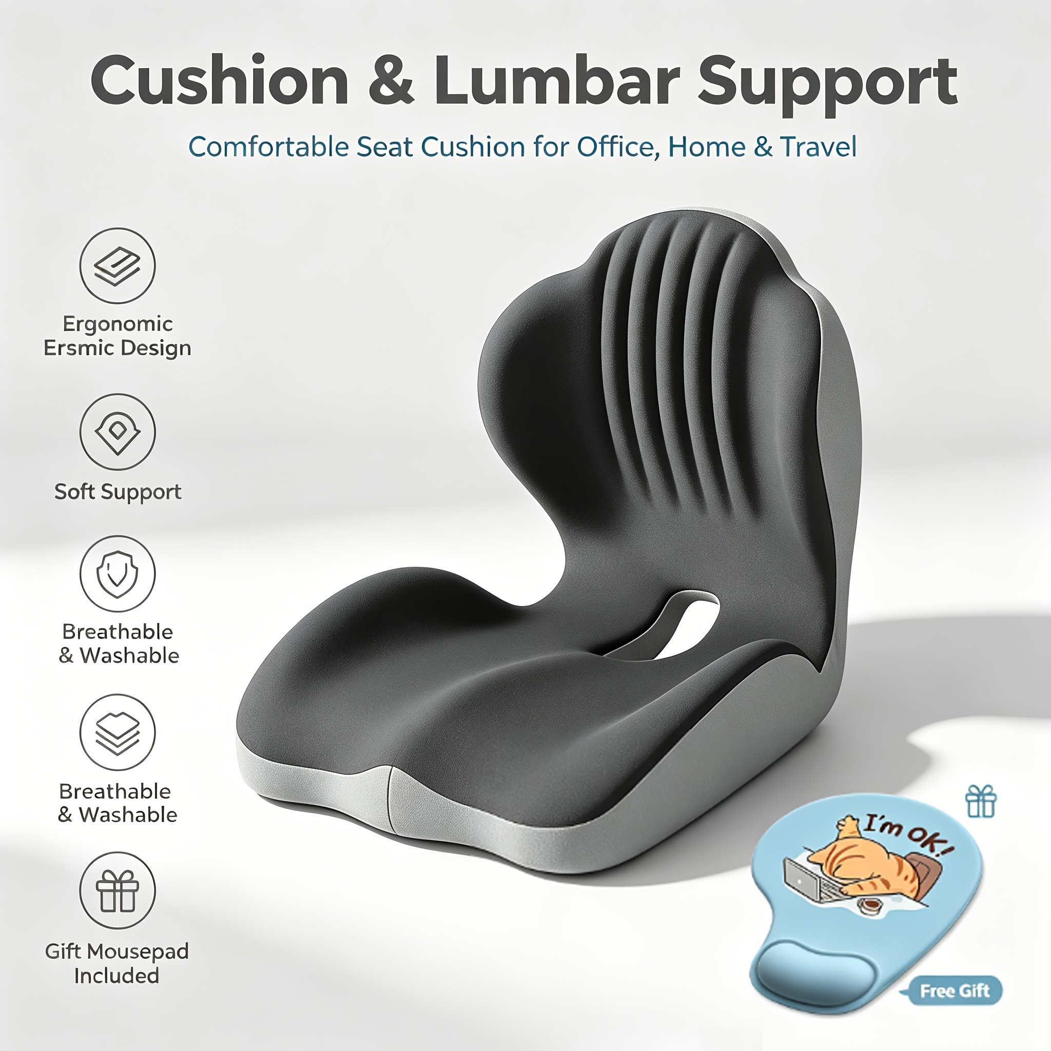TEMU Coussin ergonomique en mousse à de pour longue sédentarité, avec -poignets, tapis de souris, support lombaire universel pour siège de voiture de