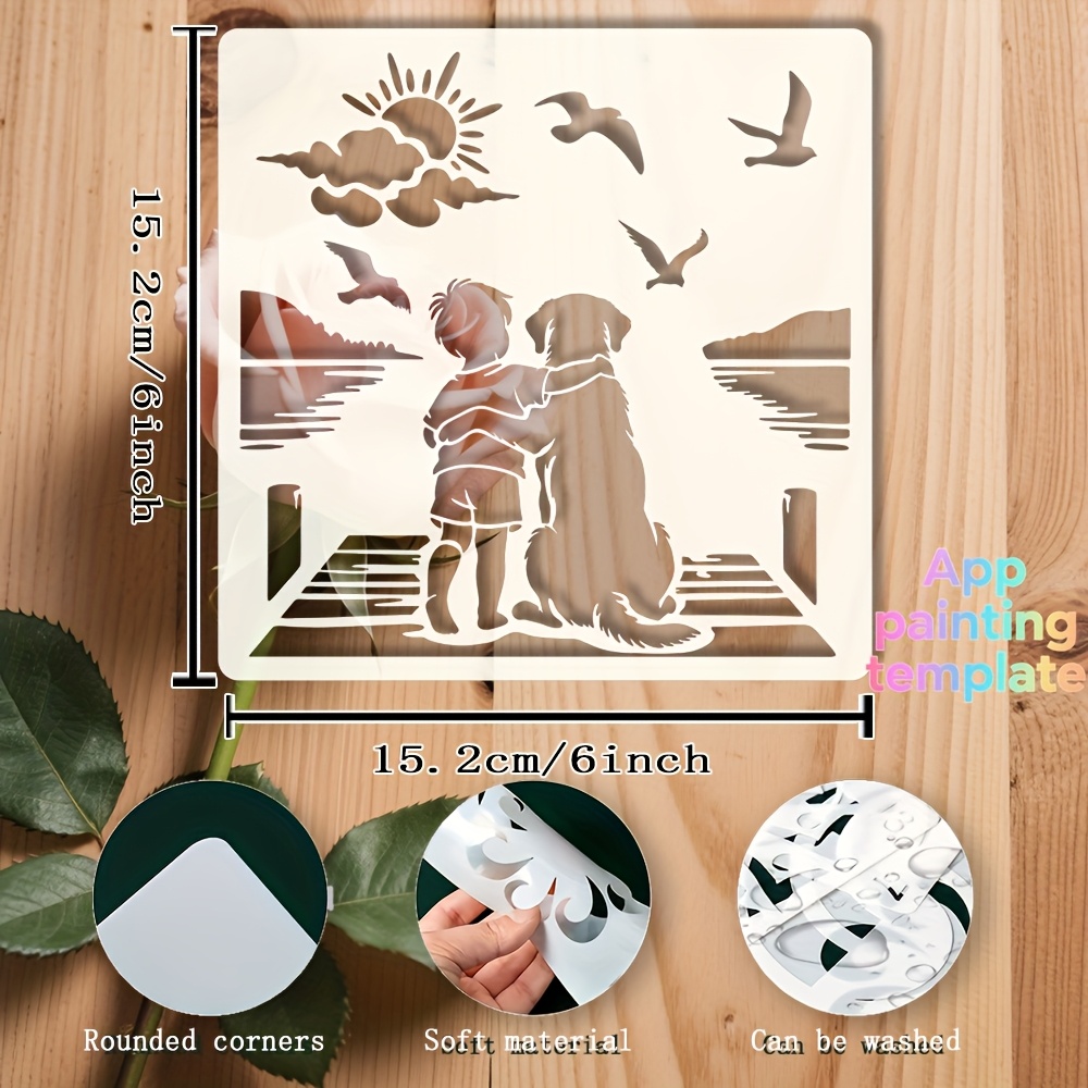 Image of 6x6 ", Bird And Dog Landscape Painting Templates, Reusable Boy And German Shepherd Dog Templates, Tools For Home Decor, Crafts, Wall Painting, , Natural Background Effects, Gift Ideas, Supplies