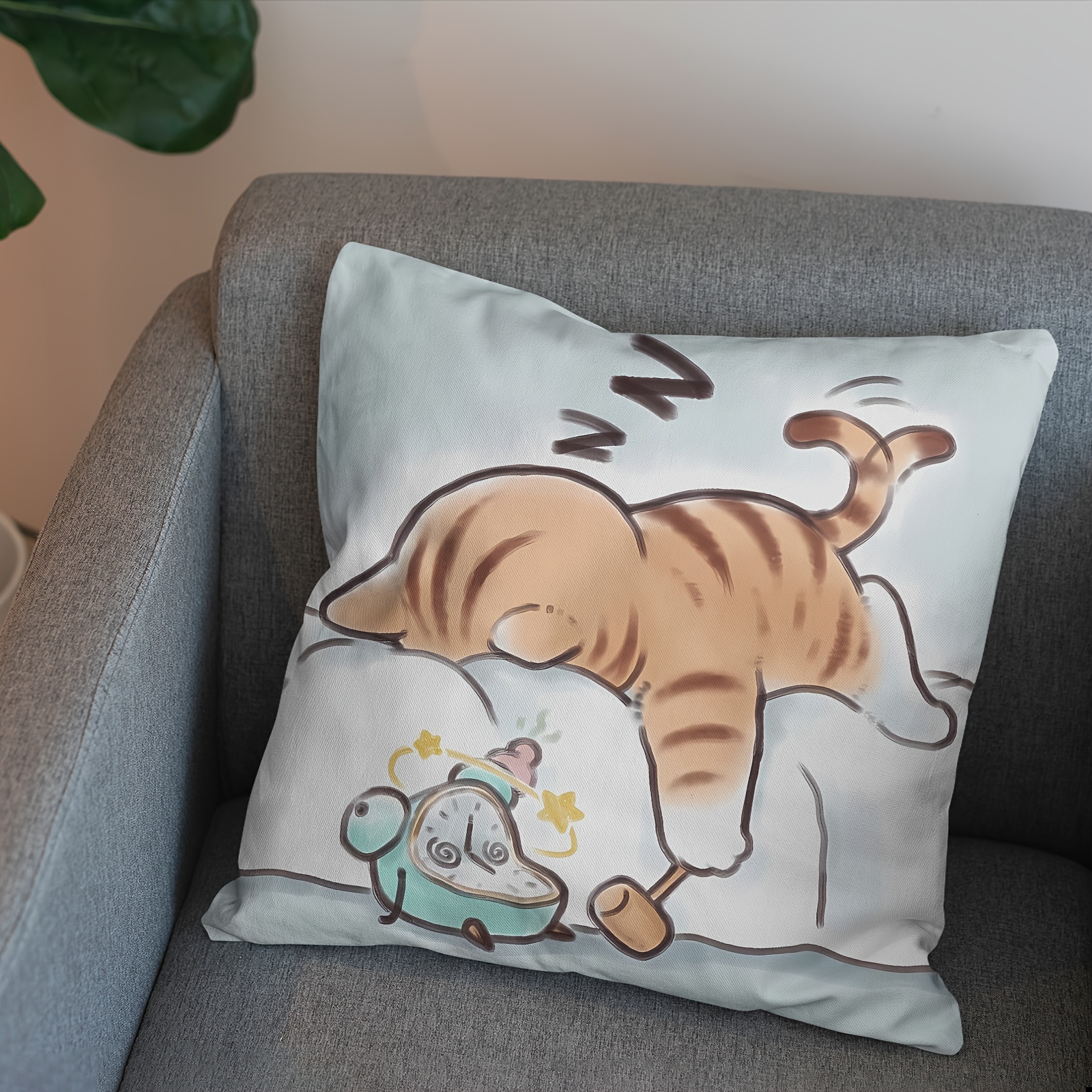 

Cute Cartoon Cat Plush Throw Pillow Cover, 18x18 Inches - Soft Microfiber, Zip Closure, Machine Washable For Sofa & Bedroom Decor
