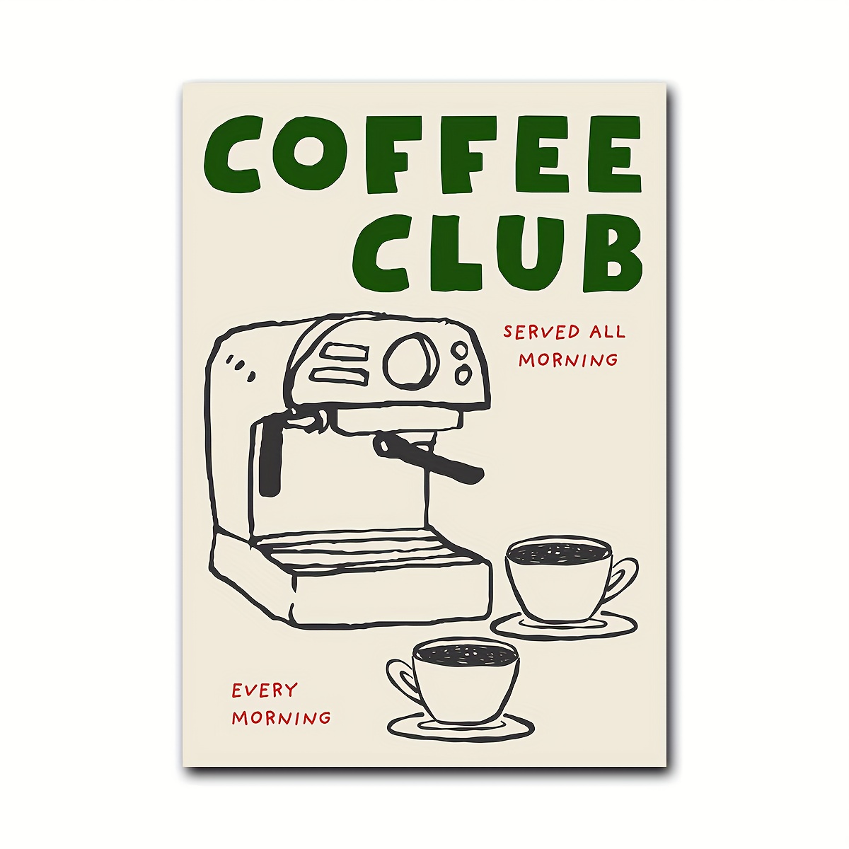 E-shop 2D Flat, 2D Flat, ./Set Coffee Club Wandkunst Druck, Küchenposter, Retro Küchen Wandkunst, Grüner Kaffee Leinwand Poster Druck, Handgezogene