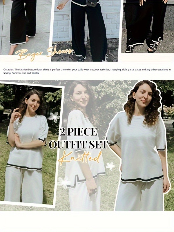 lounge sets for women 2 piece outfits knit short sleeve pullover   wide leg pants casual sweater sets tracksuits Product details 4
