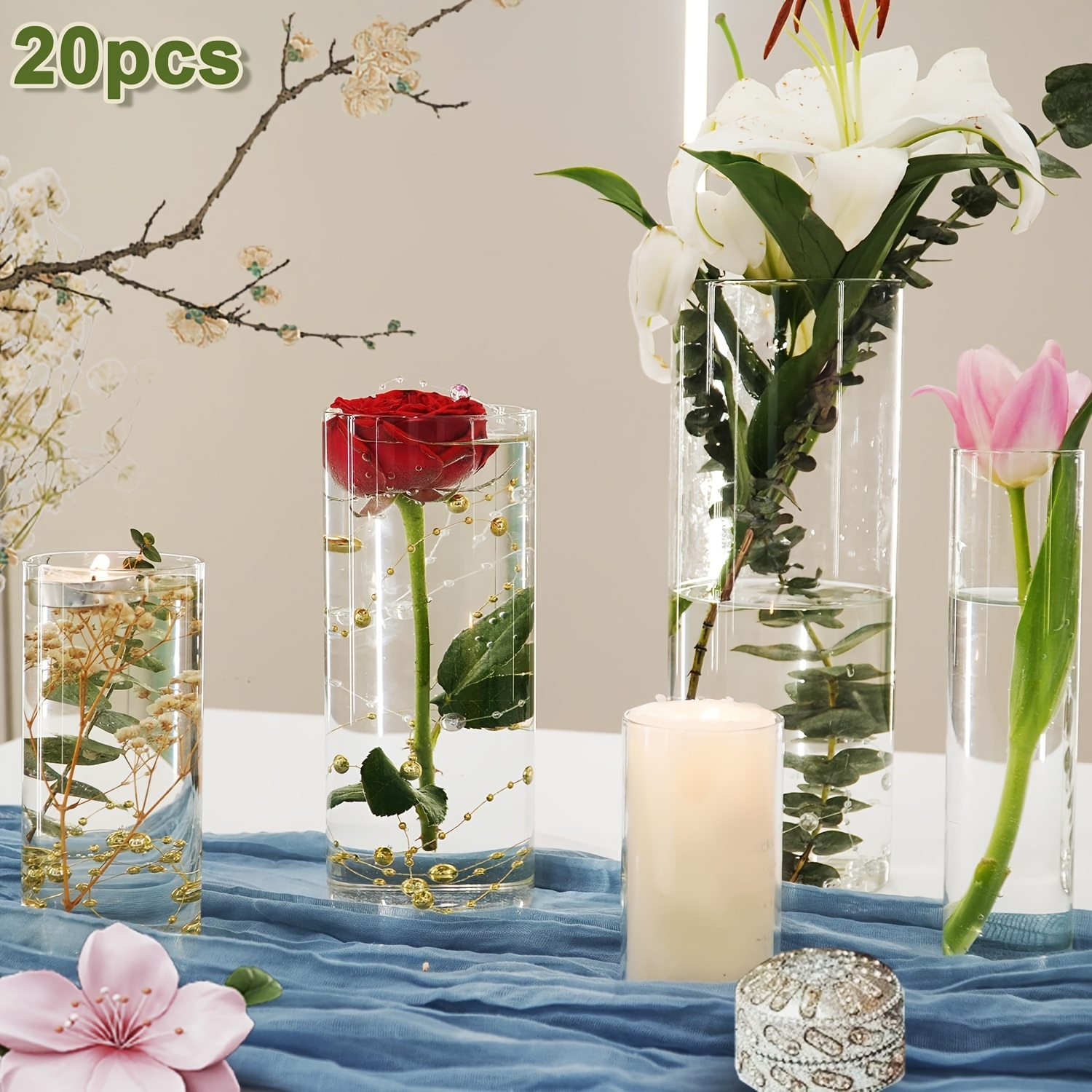 TEMU Hihegd 20pcs Clear Cylinder Glass Vases, 9.84, 7.87, 7, 5.9, 3.93 Inch Tall, Decorative Clear Vases For Wedding, Rustic Home Decor, Formal